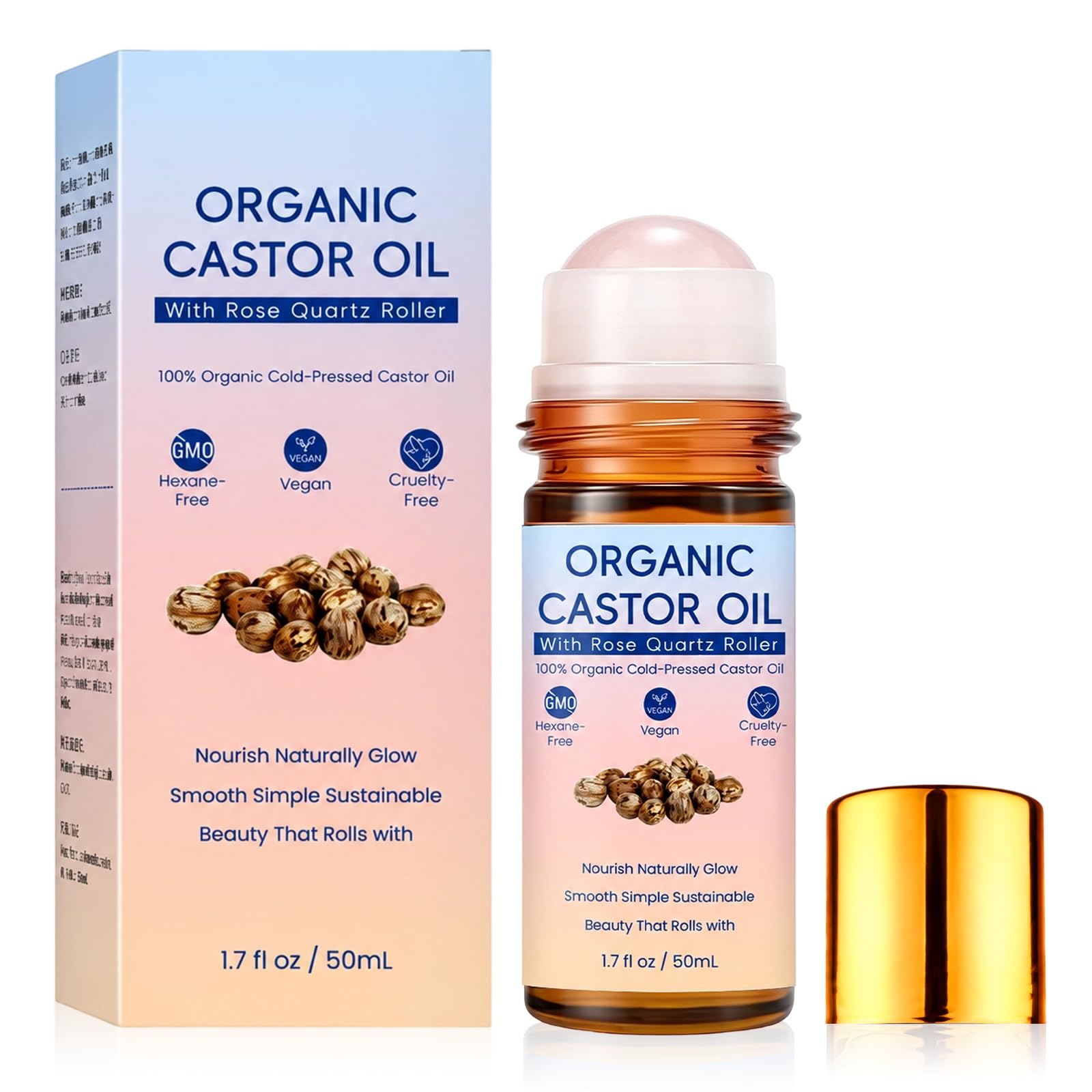 Generic castor oil roll on front packaging showing compact bottle and branding benefit: easy application