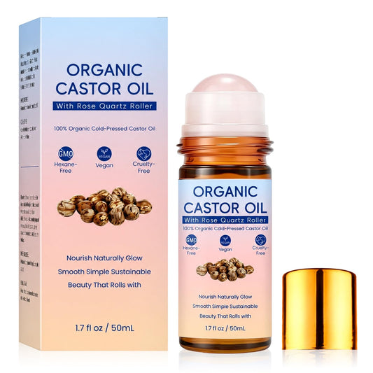 Generic castor oil roll on front packaging showing compact bottle and branding benefit: easy application