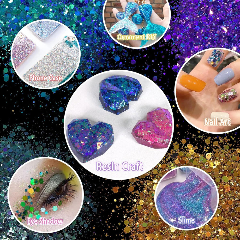 Generic chameleon glitter assorted jars arranged showing organized storage and gift-ready benefit
