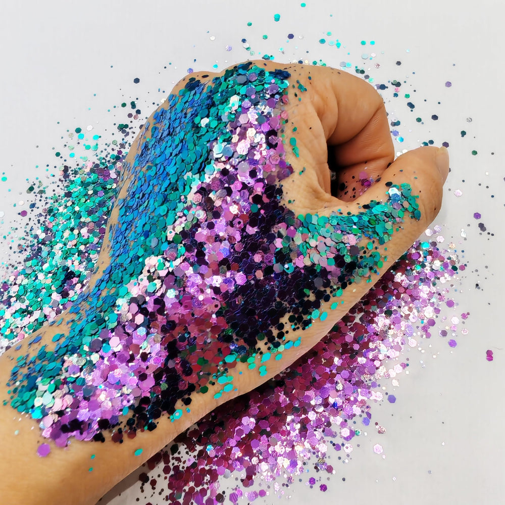 Generic chameleon glitter applied as body makeup showing festival look and safe external use benefit