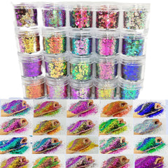 Generic chameleon glitter front packaging showing 20 jars and vibrant benefit