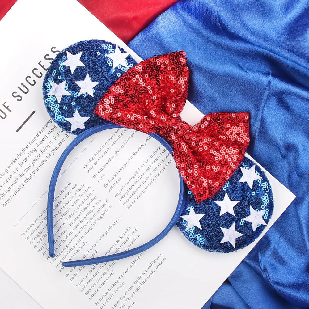 Generic brand close-up of sequined mouse ears, highlights shimmer and durable stitching