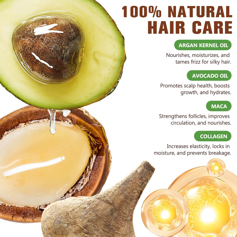 Generic collagen hair mask with argan oil bottle highlighting shine and softness
