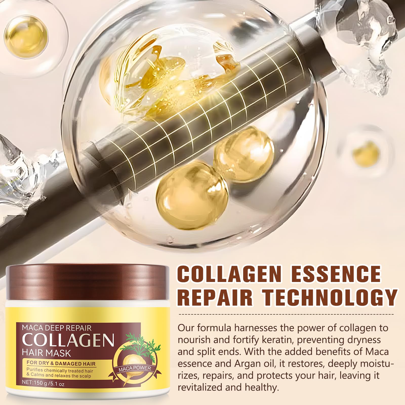 Generic collagen hair mask with maca root image emphasizing botanical nourishment