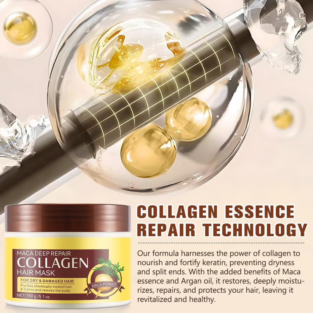 Generic collagen hair mask with maca root image emphasizing botanical nourishment