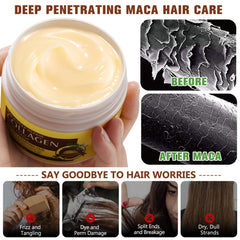 Generic collagen hair mask 150ml next to a hand to show true size and portability