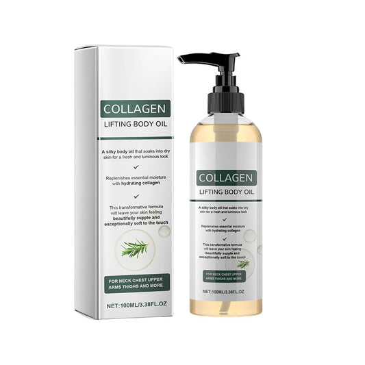Generic collagen lifting body oil front bottle shows label and size benefits