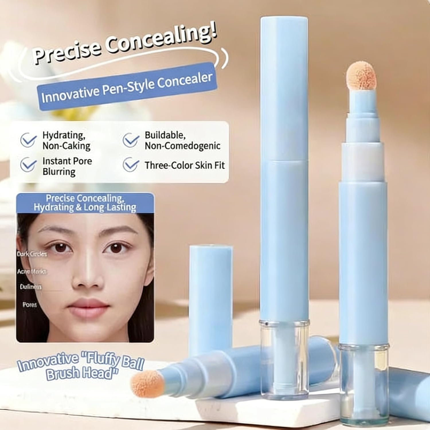 Generic concealer pen label highlighting hyaluronic acid and retinol benefits