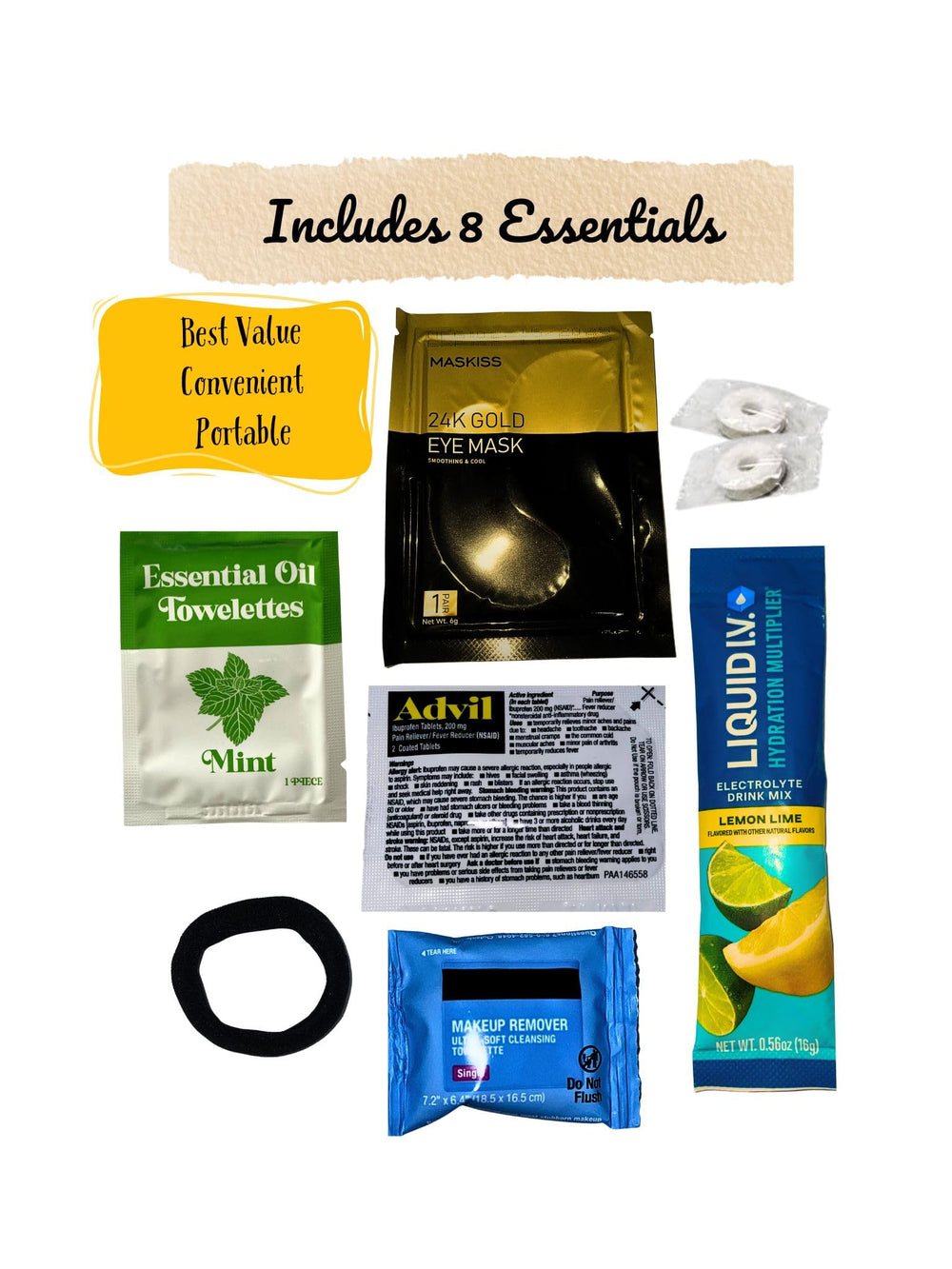 Generic hangover kit contents flatlay showing included items for quick recovery benefit