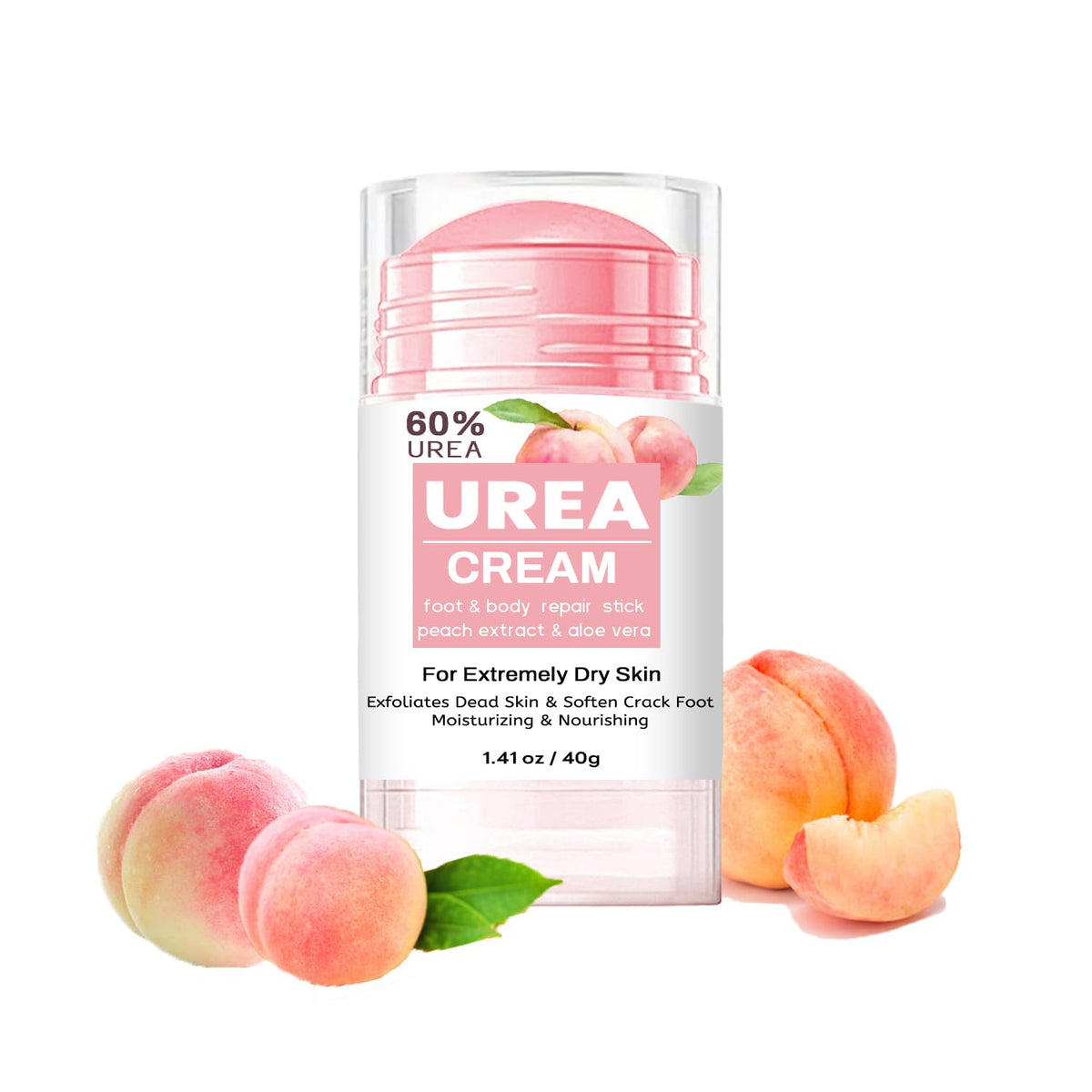 Generic cream stick front packaging showing label and peach scent benefit