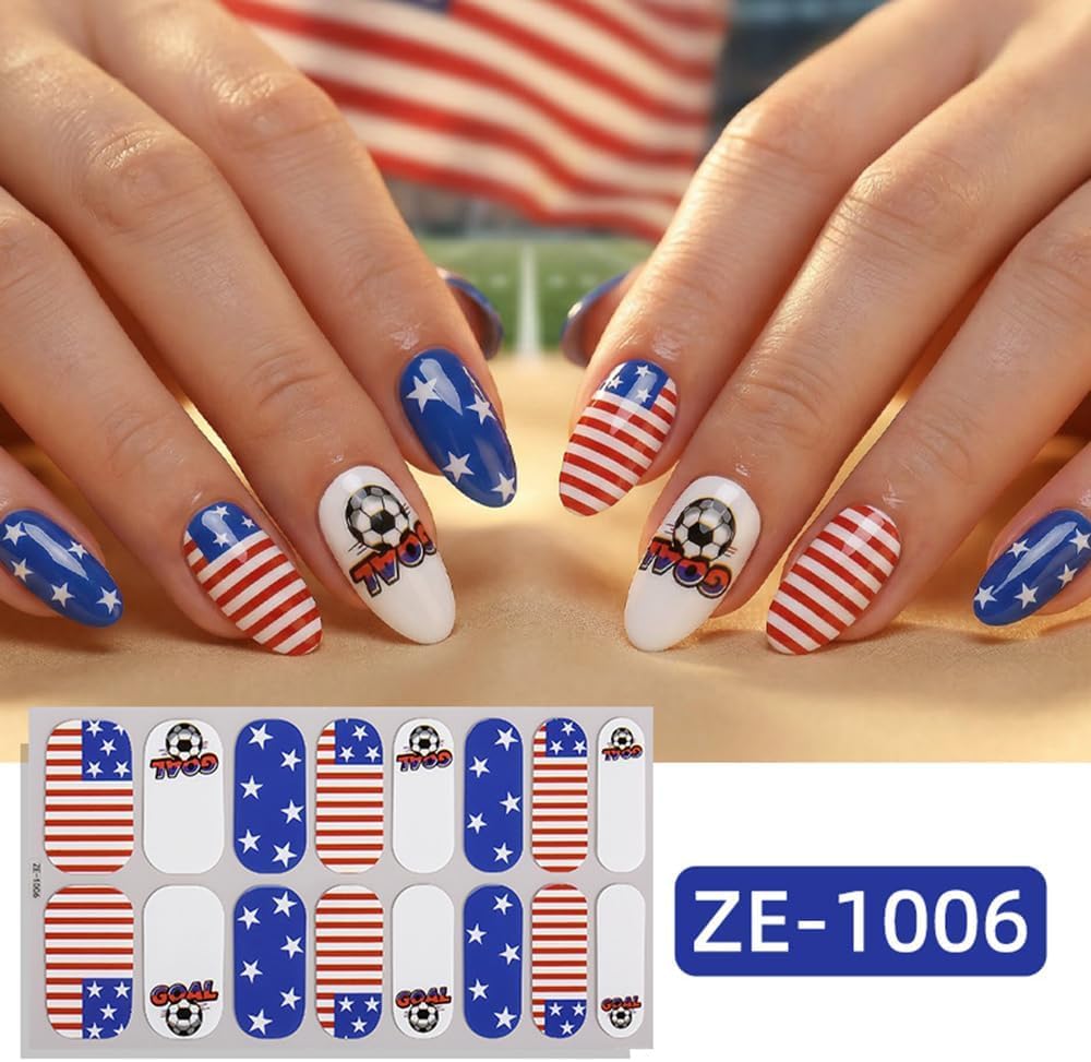Generic model fingers wearing mixed flag and glitter wraps, quick festive manicure look