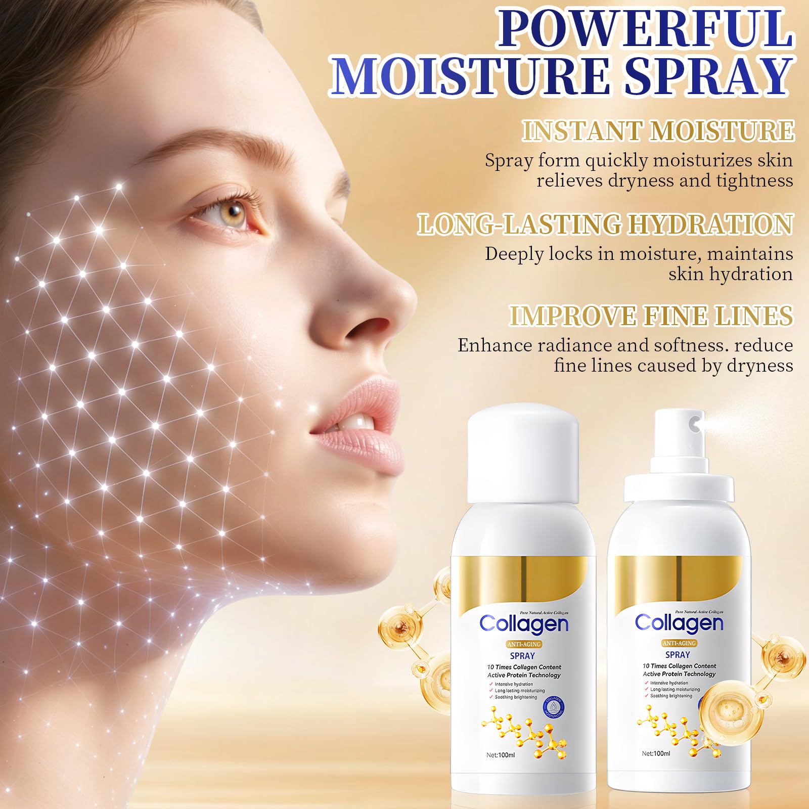 Generic brand misting on face demonstrating quick-absorbing hydration benefit