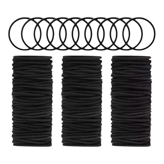 Generic pack front view showing 120 black hair ties, reliable daily supply