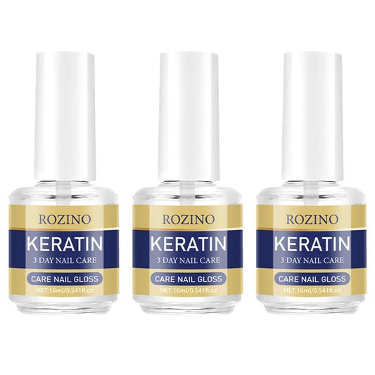 Generic front packaging showing three keratin nail oil bottles and clear benefit