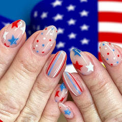 Generic front packaging showing 24-piece patriotic press-on nails and quick application benefit