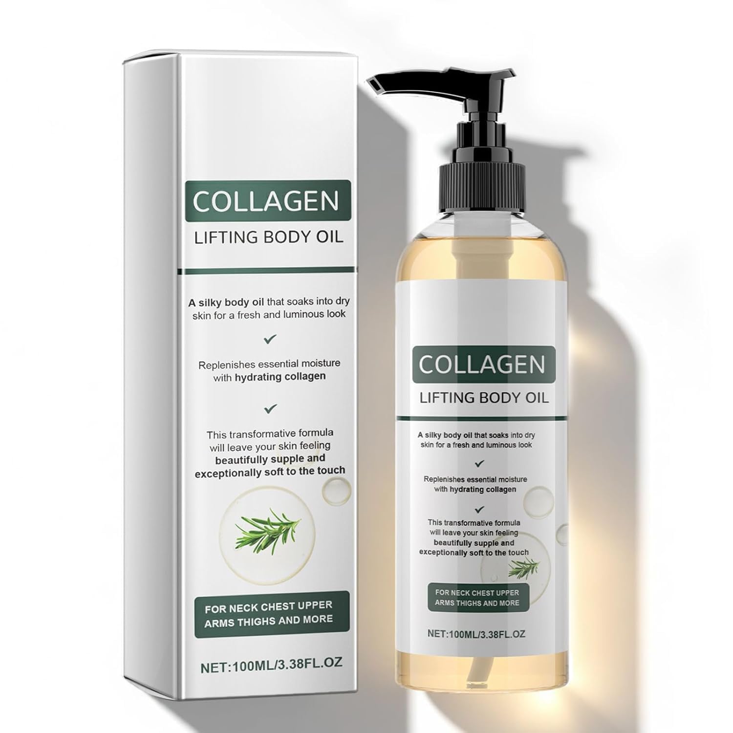 Generic front packaging showing bottle and collagen lifting claim for visible firmness