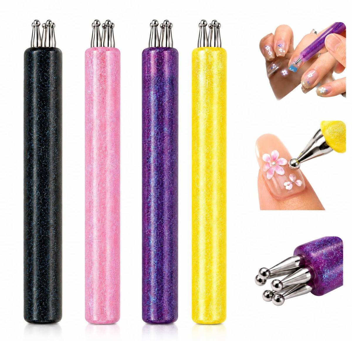 Generic glitter-handle pens front view showing four assorted colors and compact design for easy use