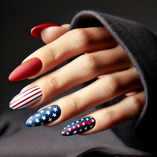 Generic front packaging showing 24-piece patriotic press-on nails for instant manicure