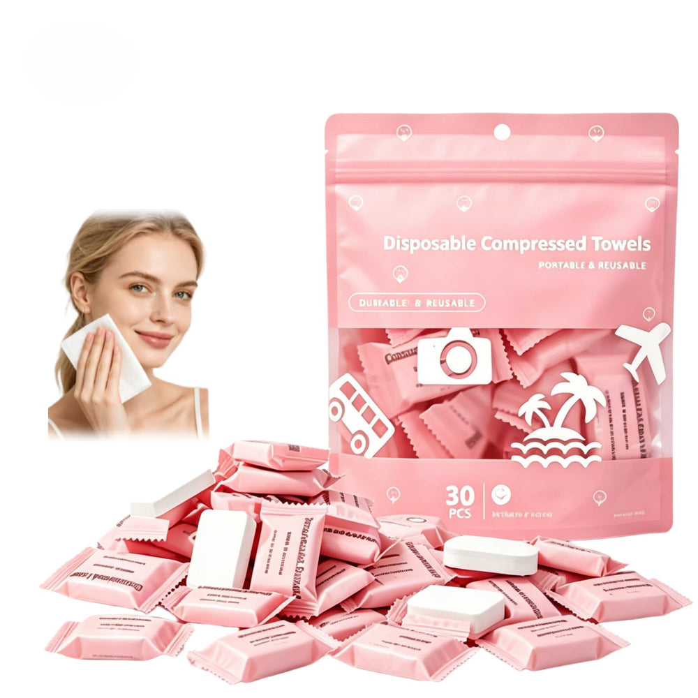 Generic product front packaging showing 30 pink compressed towels, convenient portability