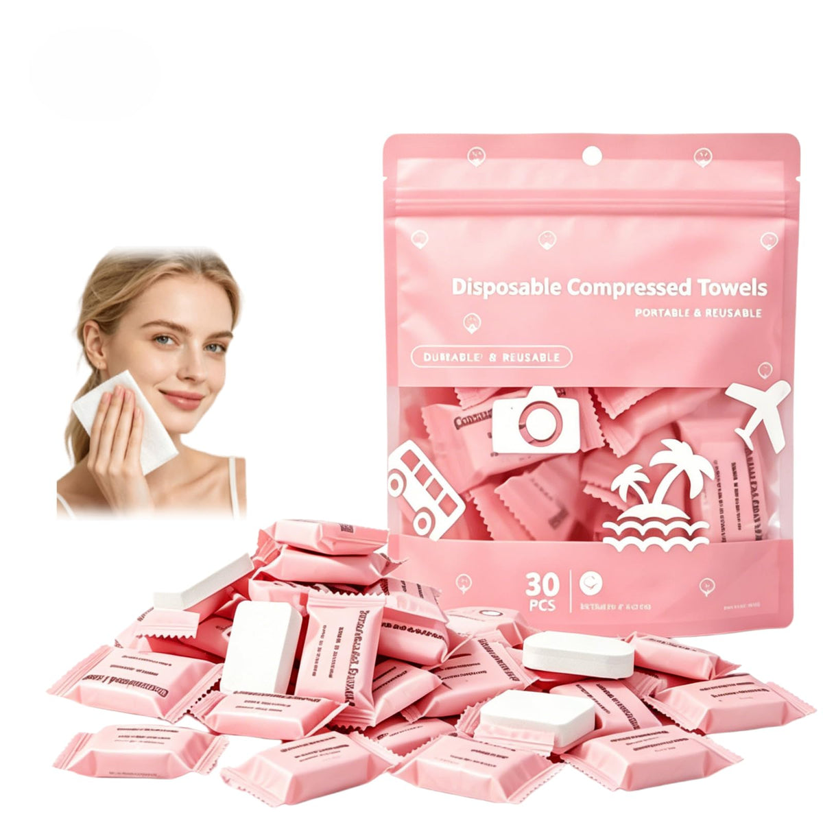 Generic product front packaging showing 30 pink compressed towels, convenient portability