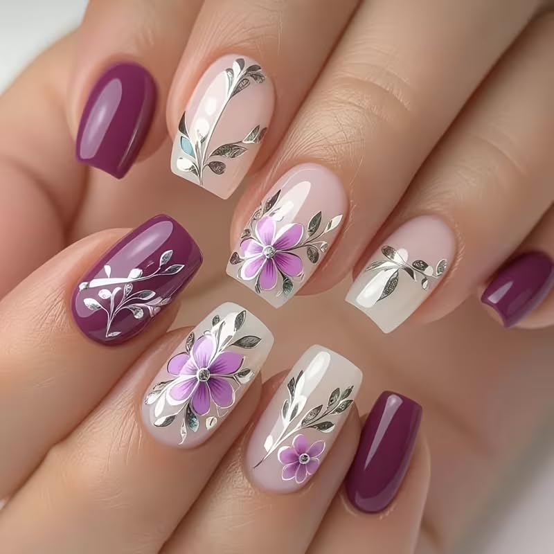 Generic purple floral press-on nails front packaging showing design and quantity benefit quick styling