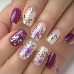 Generic purple floral press-on nails front packaging showing design and quantity benefit quick styling