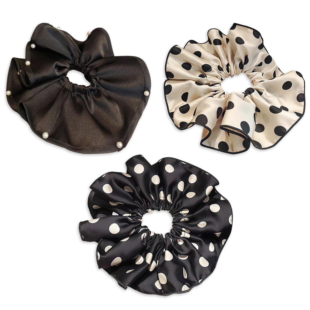 Generic front view of three scrunchies showing design and colors as fashionable accessory