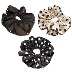 Generic front view of three scrunchies showing design and colors as fashionable accessory
