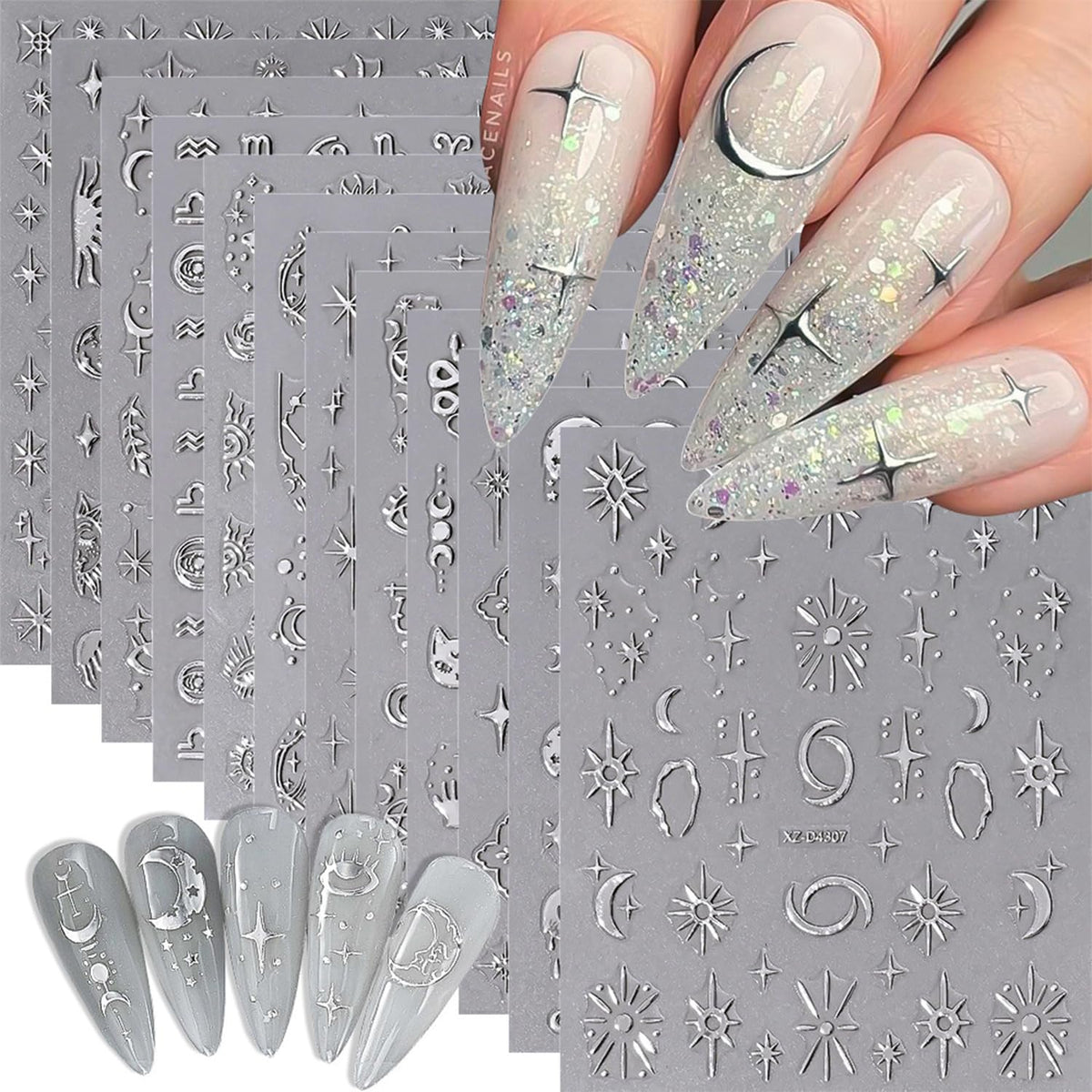 Generic silver star and moon sticker sheets front view showing quantity and variety, ideal for quick manicures
