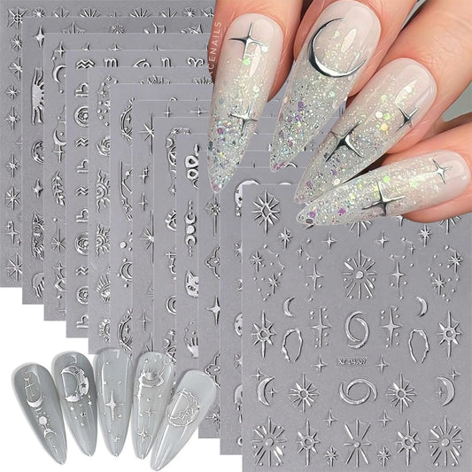 Generic silver star and moon sticker sheets front view showing quantity and variety, ideal for quick manicures