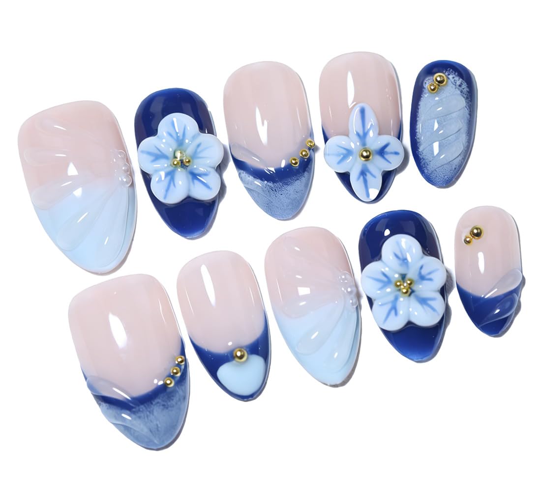 Generic press-on nails front packaging showing nude blue ombré and gold beads for elegant wear