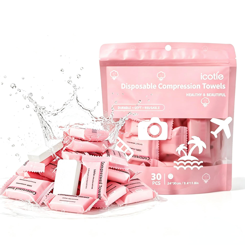 Generic front packaging showing 30 individually wrapped compressed towels and benefits