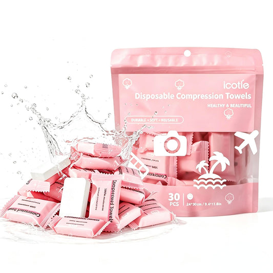 Generic front packaging showing 30 individually wrapped compressed towels and benefits