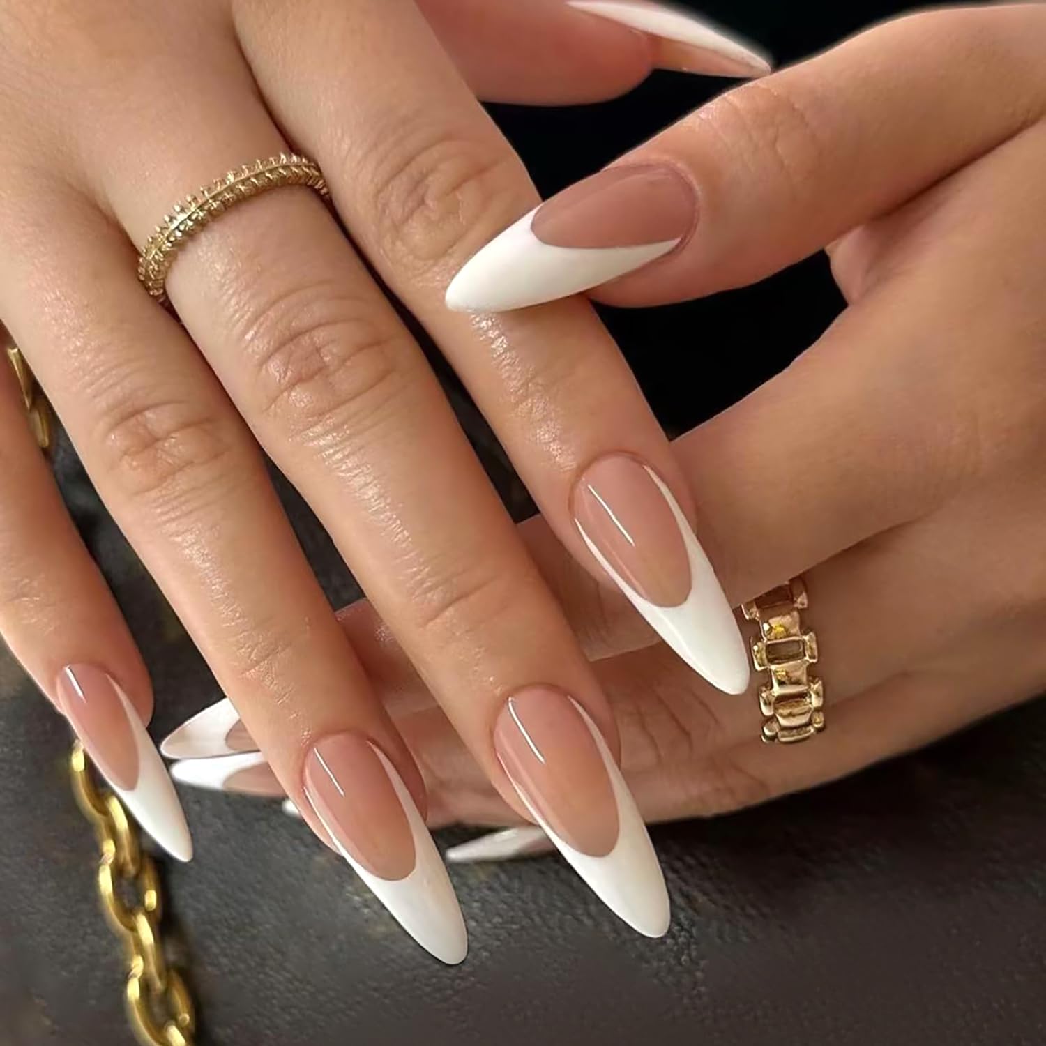 Generic brand front packaging showing 24-piece almond press-on nail kit and quick application benefit