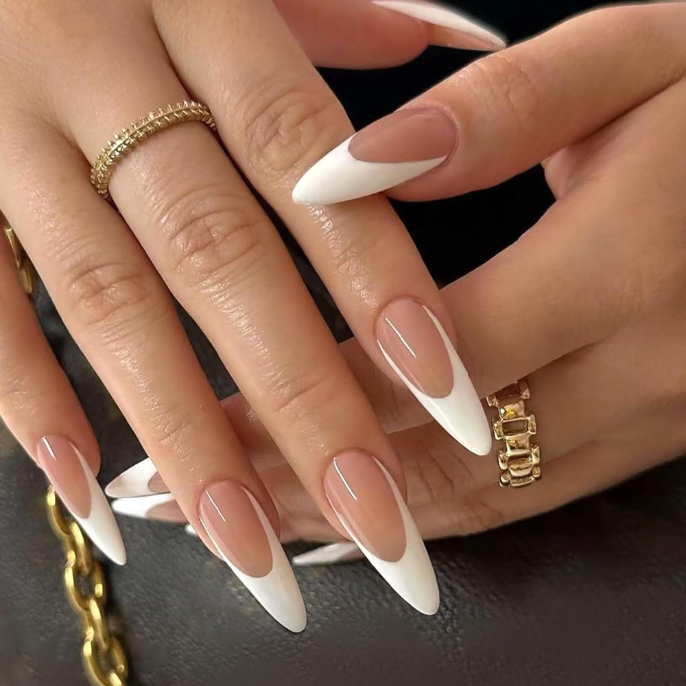 Generic brand front packaging showing 24-piece almond press-on nail kit and quick application benefit