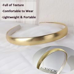 Generic gold headband scaled with hand to show size and lightweight portability benefit