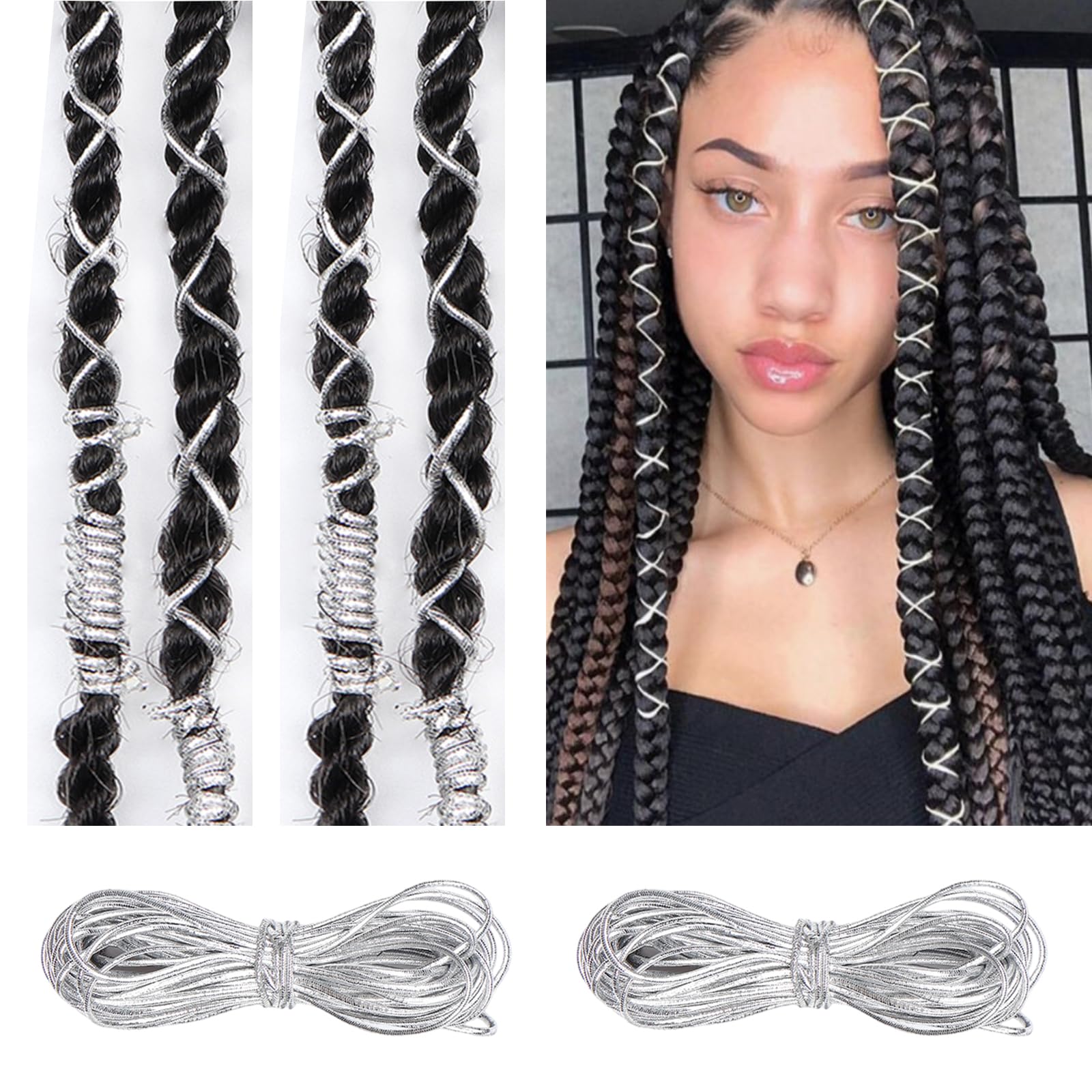 Generic brand front packaging showing two silver hair strings with length benefit