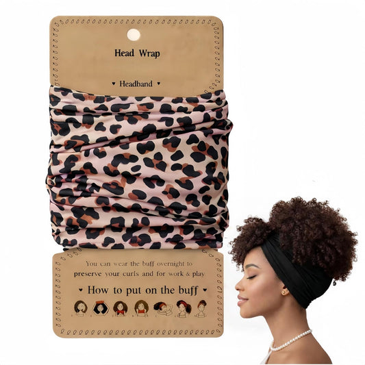 Generic hair wrap front view showing cheetah print and comfortable wide coverage, protects curls