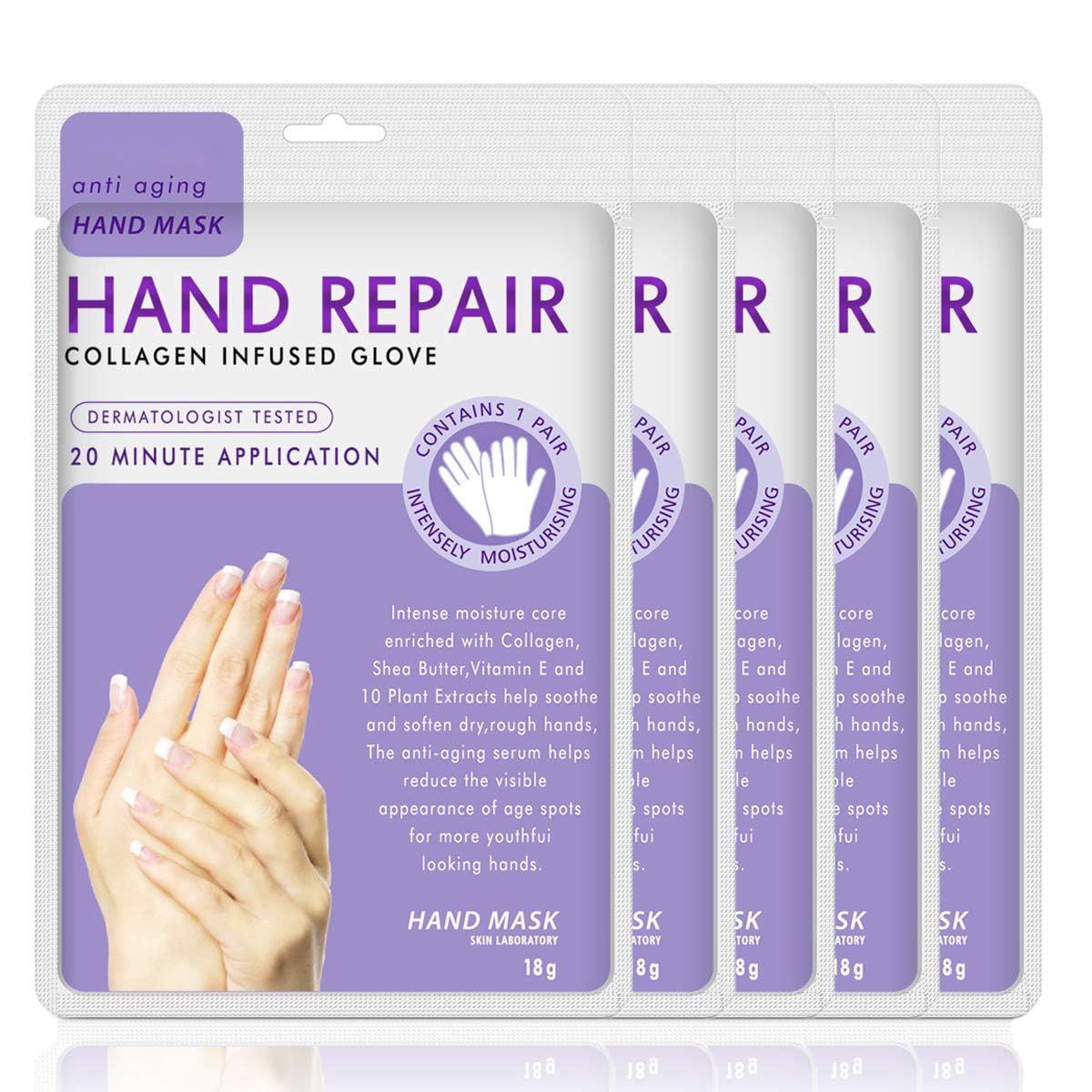 Generic hand mask glove front packaging showing 5 pack and lavender benefit