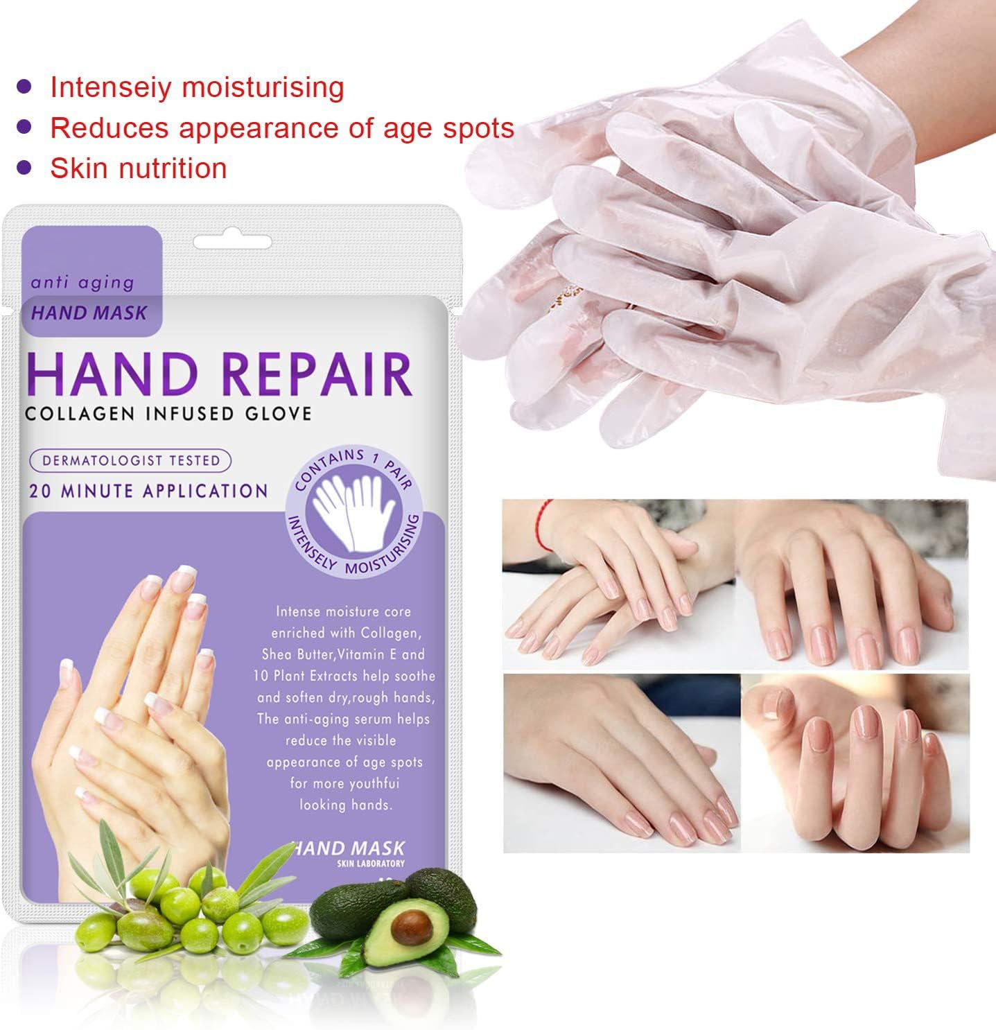 Generic hand mask glove interior serum closeup showing moisturizing benefit