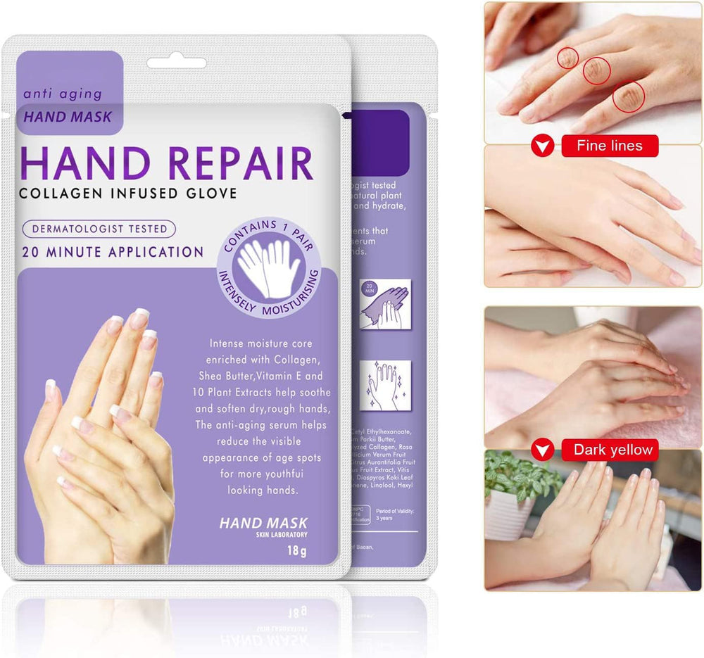 Generic hand mask glove worn in use demonstrating easy application and comfort