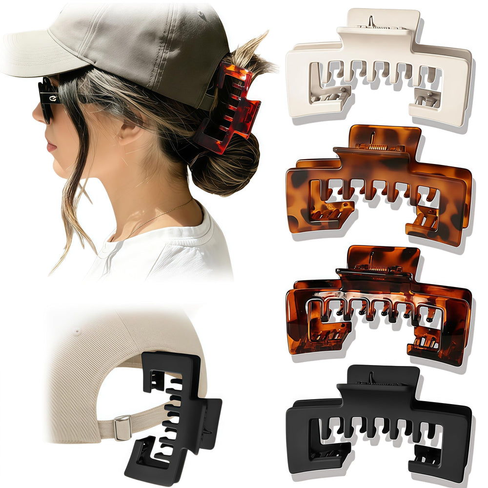 Generic brand front packaging showing four hat claw clips and colors, showcasing variety and gift readiness