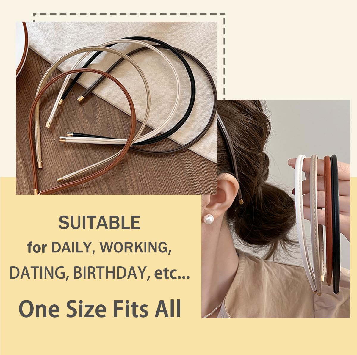 Generic headbands color palette laid flat displaying beige brown black white tan matching outfits