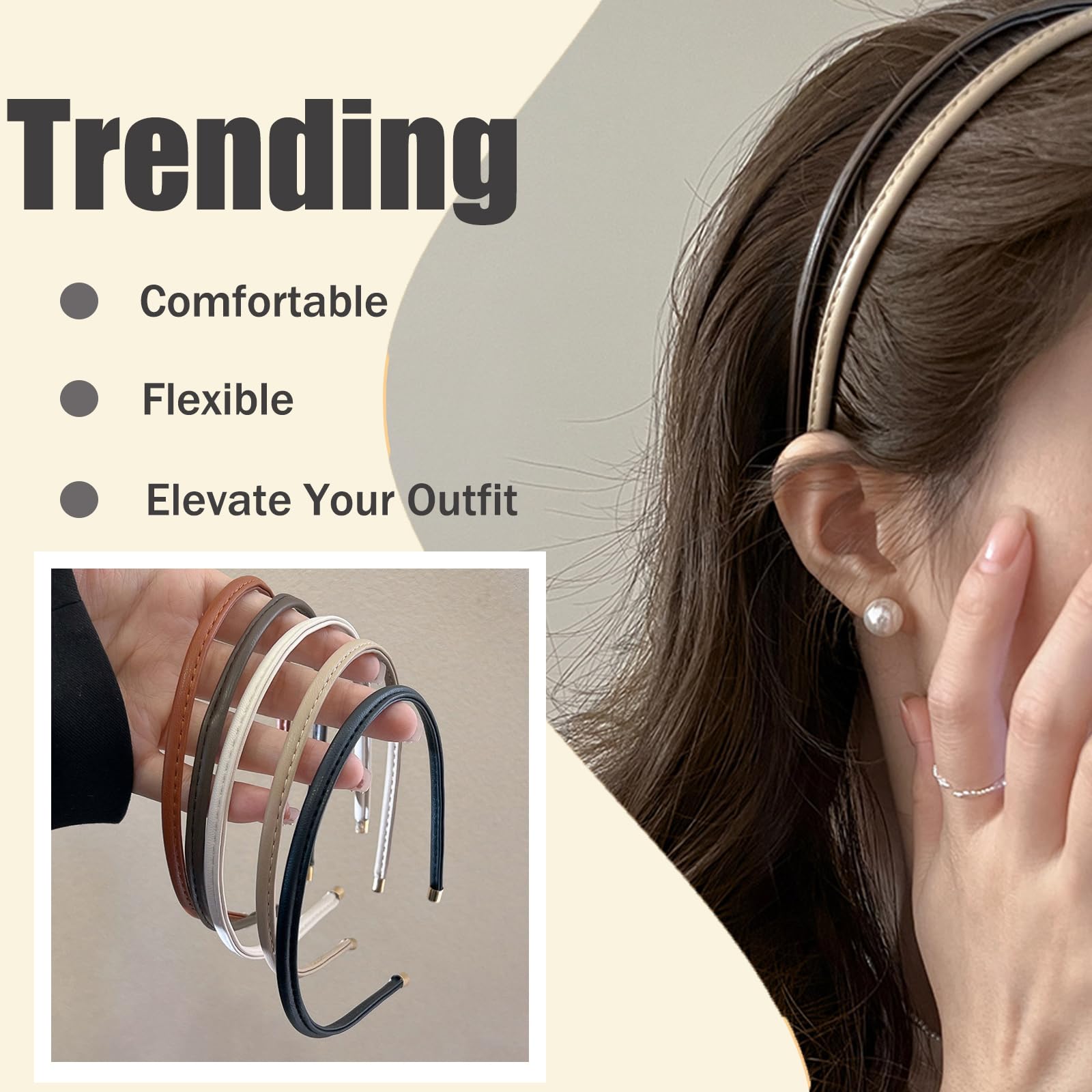 Generic headbands size scale with hand holding band to show slim profile and lightweight feel