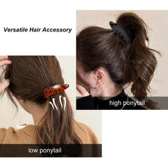 Generic clip holding a ponytail demonstrating tidy, lightweight styling