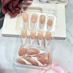 Generic brand nails worn on hand illustrating extra-long almond shape and instant style upgrade