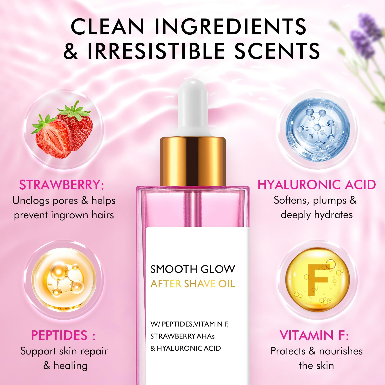 Generic label close-up listing key ingredients and usage benefits