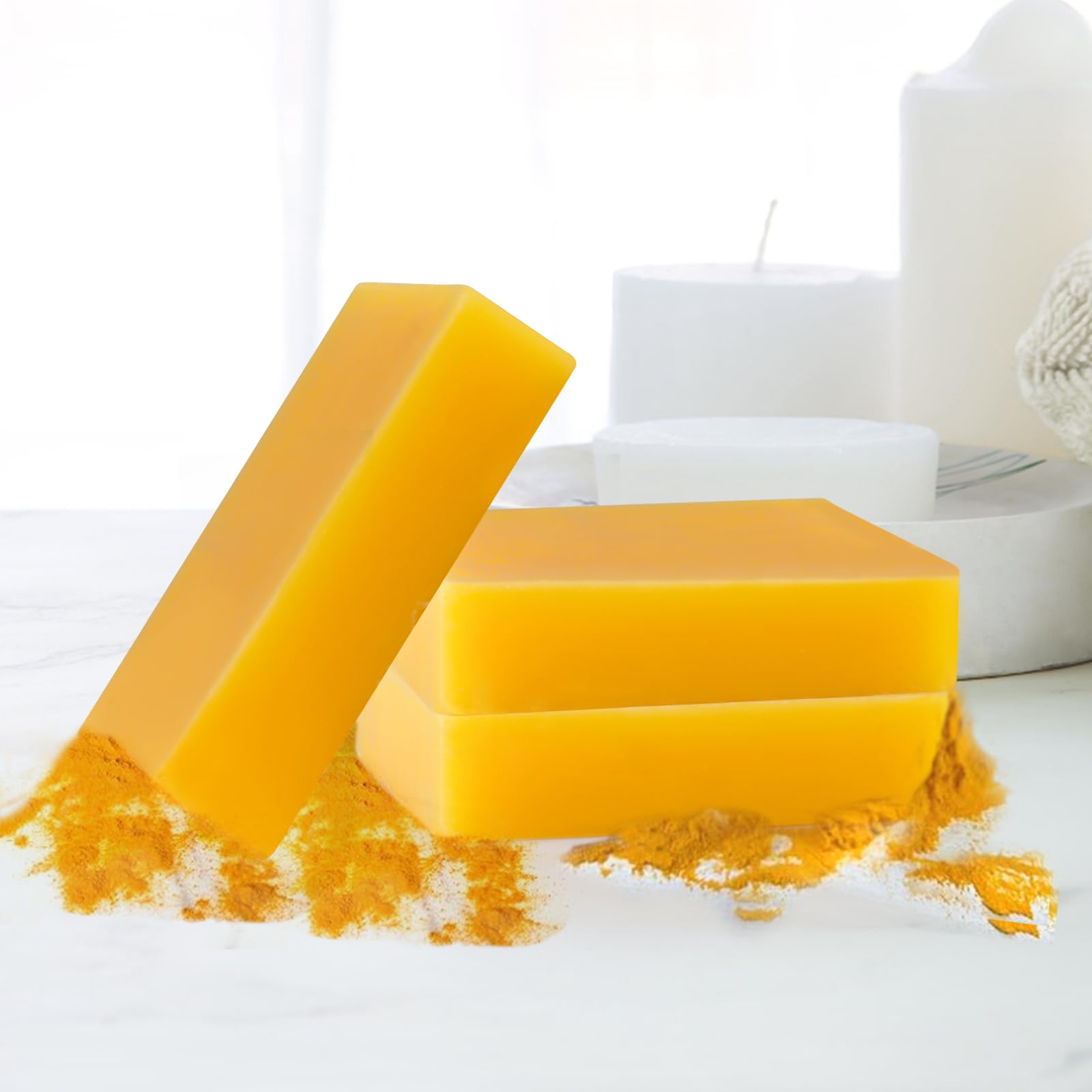Hand holding Generic lemon turmeric soap demonstrating easy lather and convenience