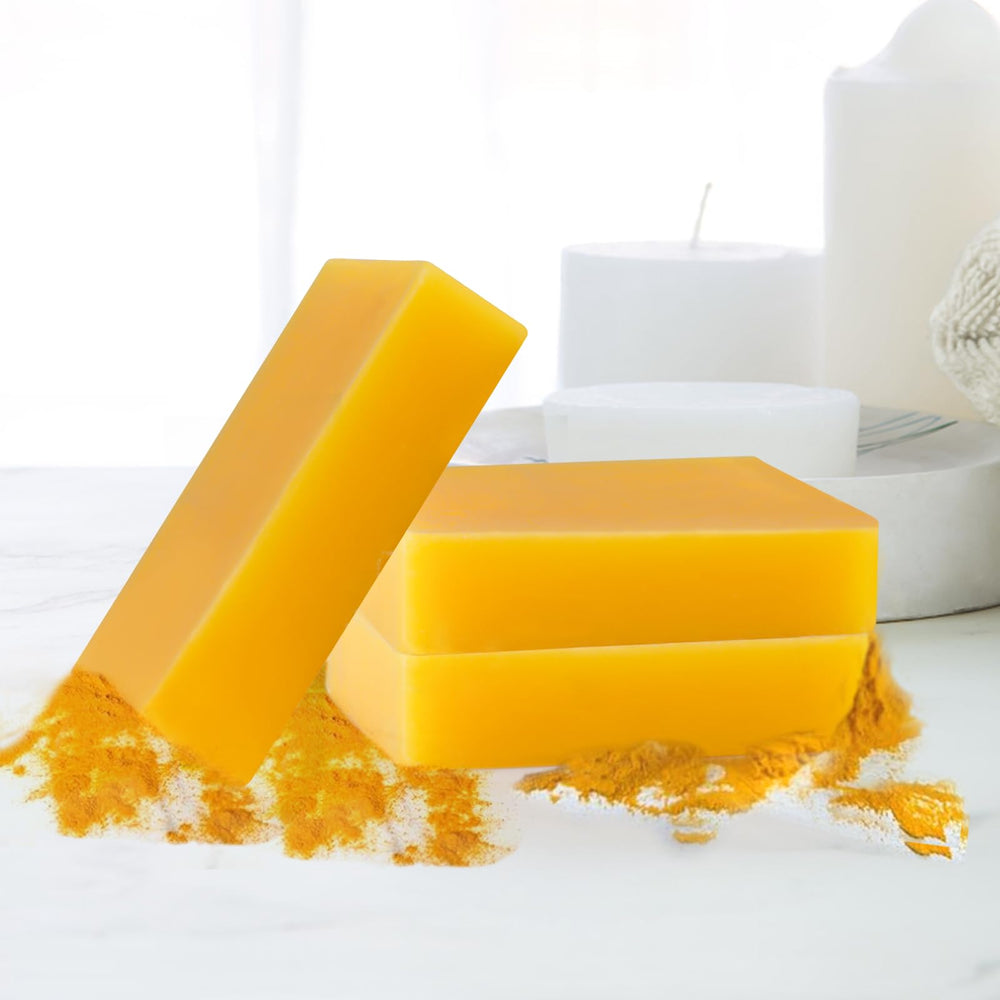 Hand holding Generic lemon turmeric soap demonstrating easy lather and convenience