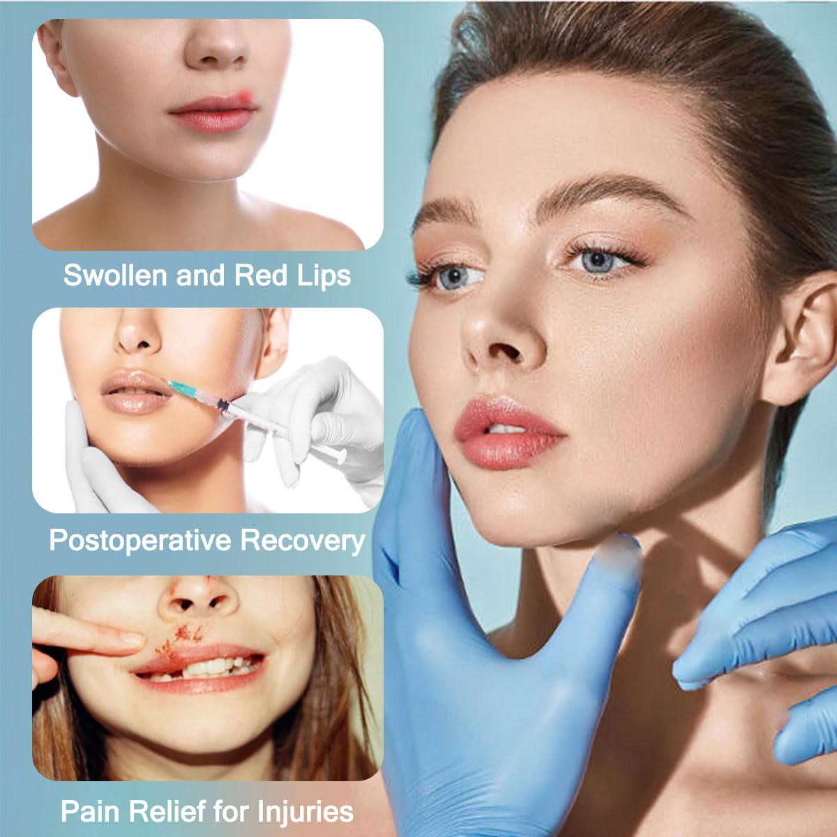 Generic lip ice pack label detail showing material and safety info for user confidence benefit